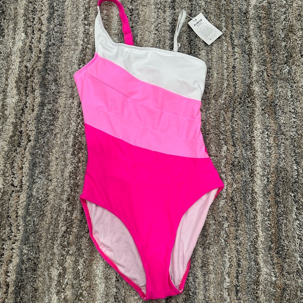 Pink and White One-Shoulder Swimsuit